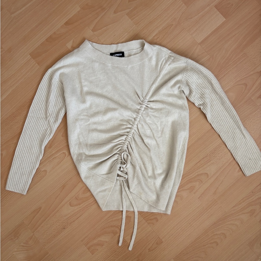NWOT EXPRESS Women's Cream Ruched Drawstring Sweater Top Sz XS